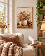 Autumn floral still life with dried hydrangeas, eucalyptus, copper leaves, rustic vase, candle, acorns and knitted throw styled in a reading corner
