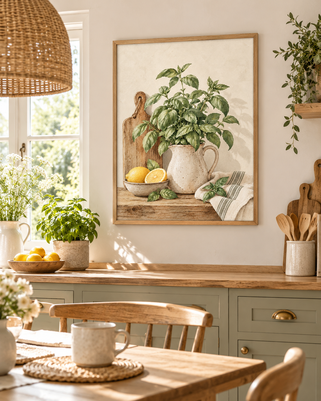 Watercolour basil plant in a speckled ceramic jug with lemons, wooden chopping board and striped kitchen cloth styled in a kitchen