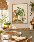 Watercolour basil plant in a speckled ceramic jug with lemons, wooden chopping board and striped kitchen cloth styled in a kitchen