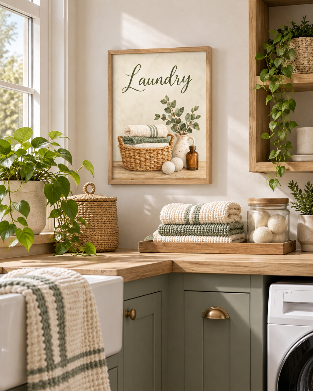 Laundry artwork with olive-green script, woven basket of folded towels, leafy ceramic jug, wool dryer balls and amber bottle styled in a laundry corner
