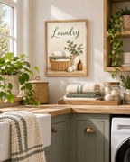 Laundry artwork with olive-green script, woven basket of folded towels, leafy ceramic jug, wool dryer balls and amber bottle styled in a laundry corner