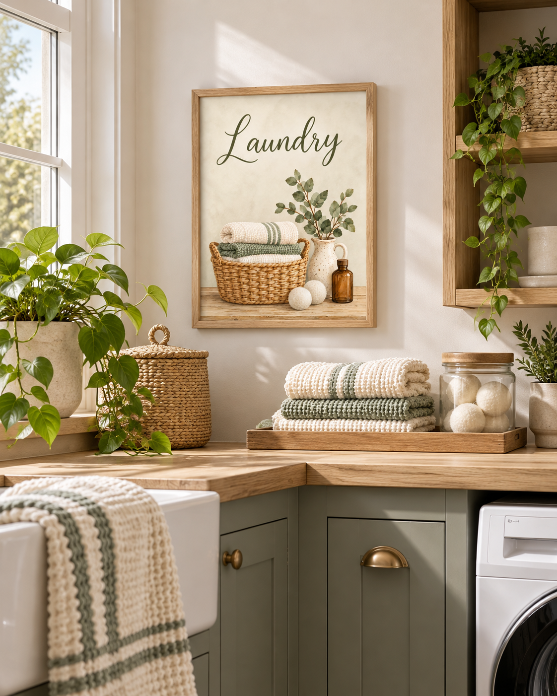 Laundry artwork with olive-green script, woven basket of folded towels, leafy ceramic jug, wool dryer balls and amber bottle styled in a laundry corner