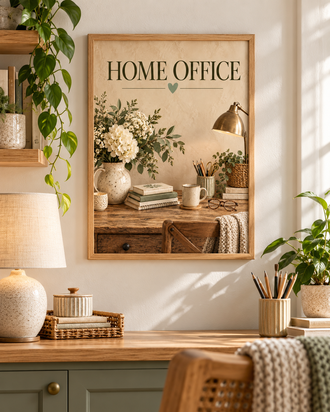 Home Office typography with a wooden desk, books, stationery, coffee mug, desk lamp and white florals styled in a home office