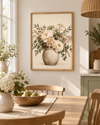 Cream floral bouquet artwork beside a sunny dining table