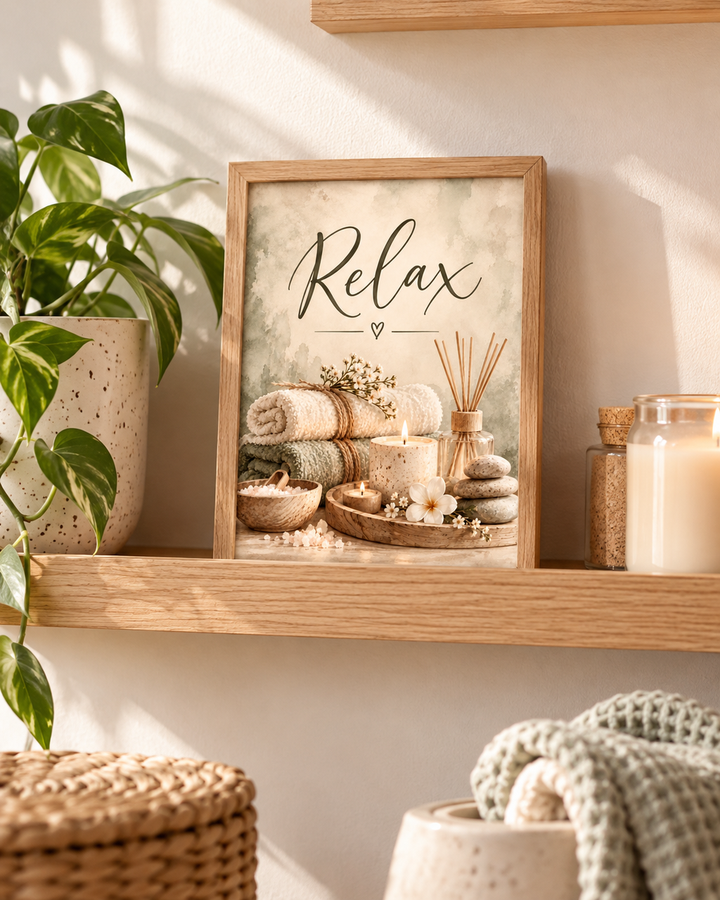 Relax spa artwork with candles, rolled towels, reed diffuser and smooth stones on a wooden shelf