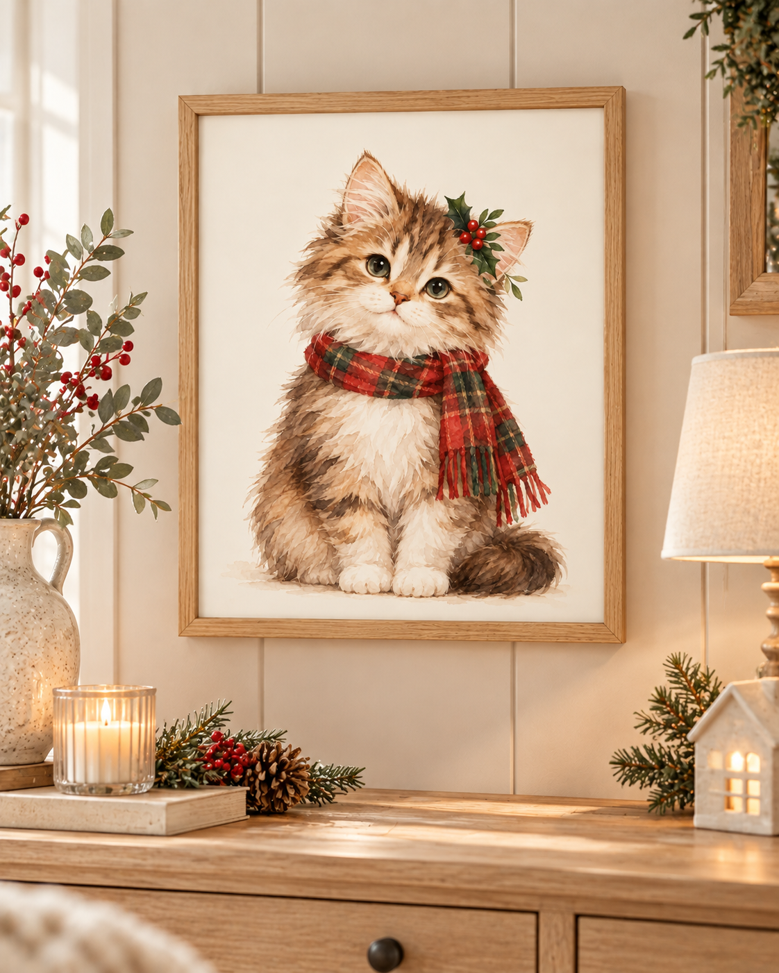 Fluffy Christmas tabby kitten wearing a tartan scarf and holly styled in a living room