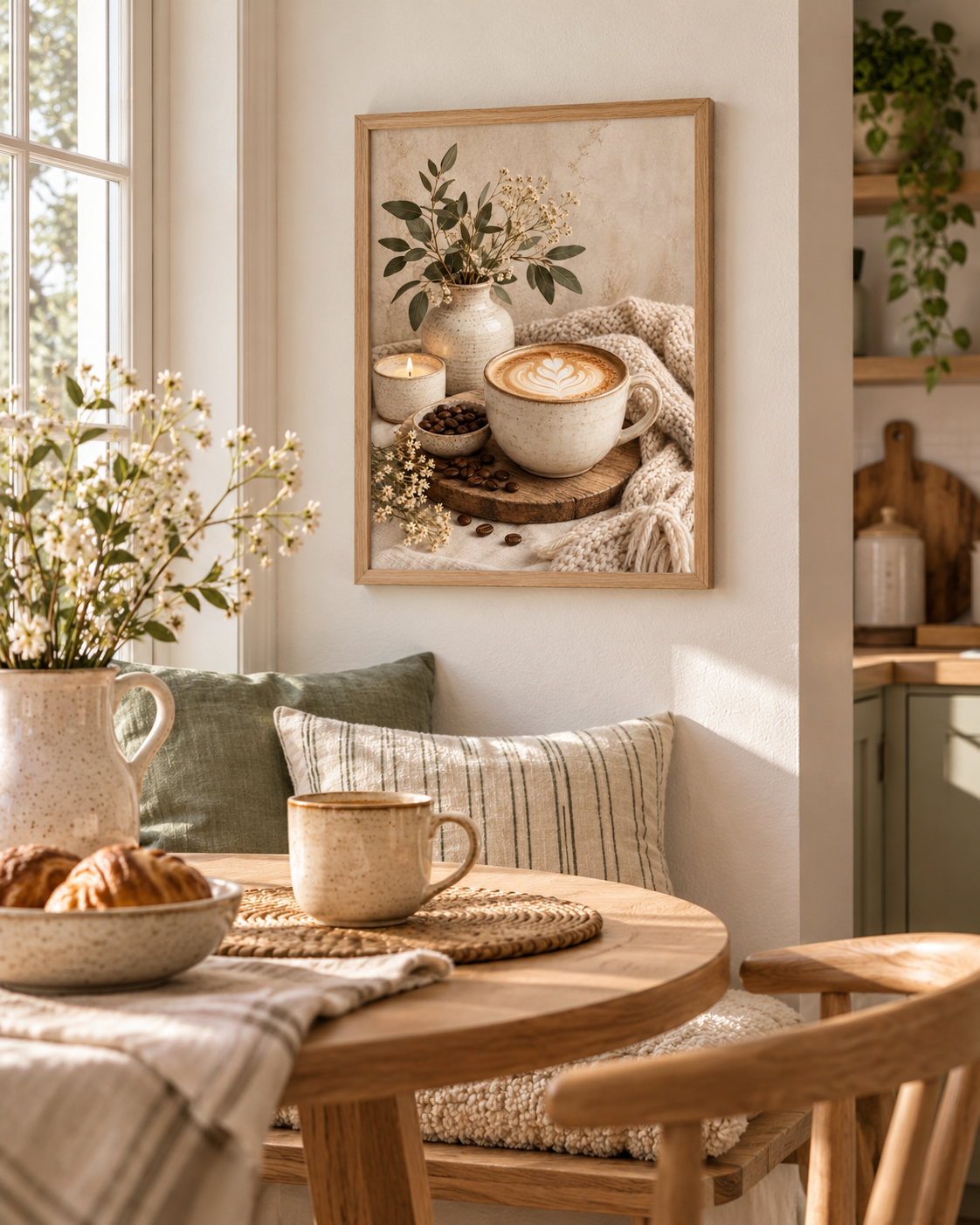 Cosy cappuccino with latte art, ceramic vase, candle and neutral knitted textures styled in a breakfast nook