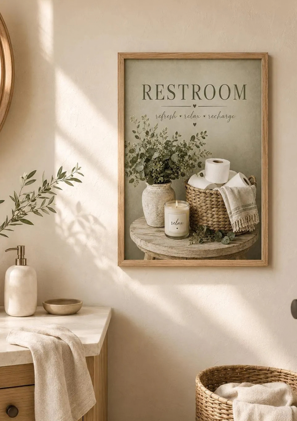 Sage green Restroom artwork styled in a warm neutral bathroom 4; selected frame included.