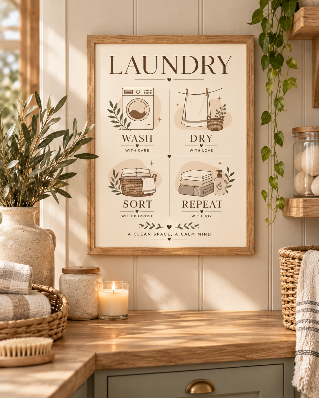 Wash Dry Sort Repeat laundry artwork with washing machine, drying line, woven basket, folded towels and botanical sprigs styled in a laundry counter