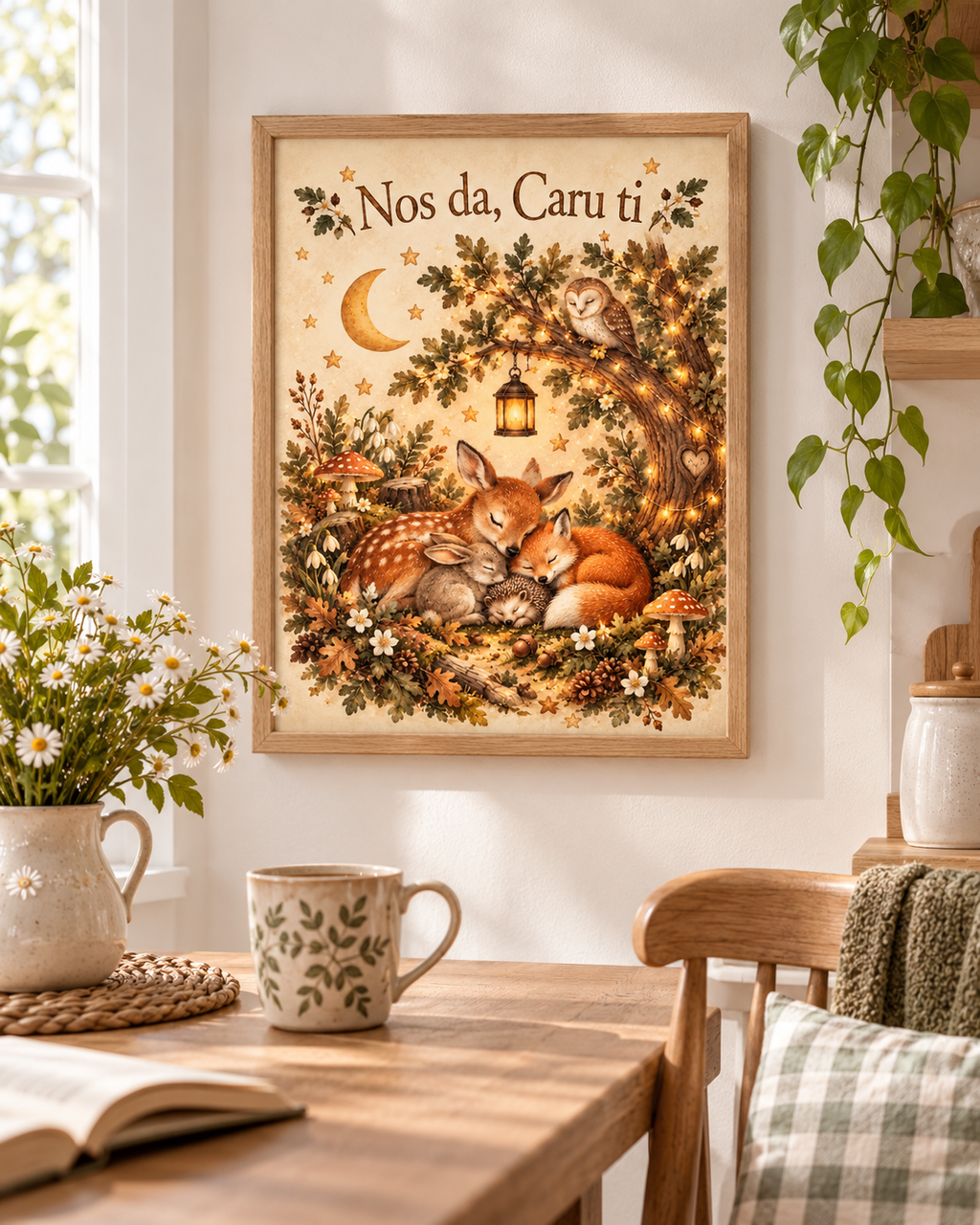 Nos da Caru ti Welsh goodnight woodland scene with sleeping fox and deer, owl, crescent moon, lantern and leafy tree styled in a reading nook