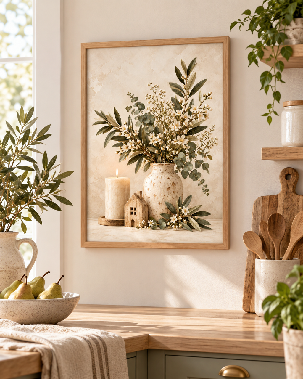 Neutral botanical artwork with white flowers, foliage, a cream vase, candle and wooden house above a sideboard