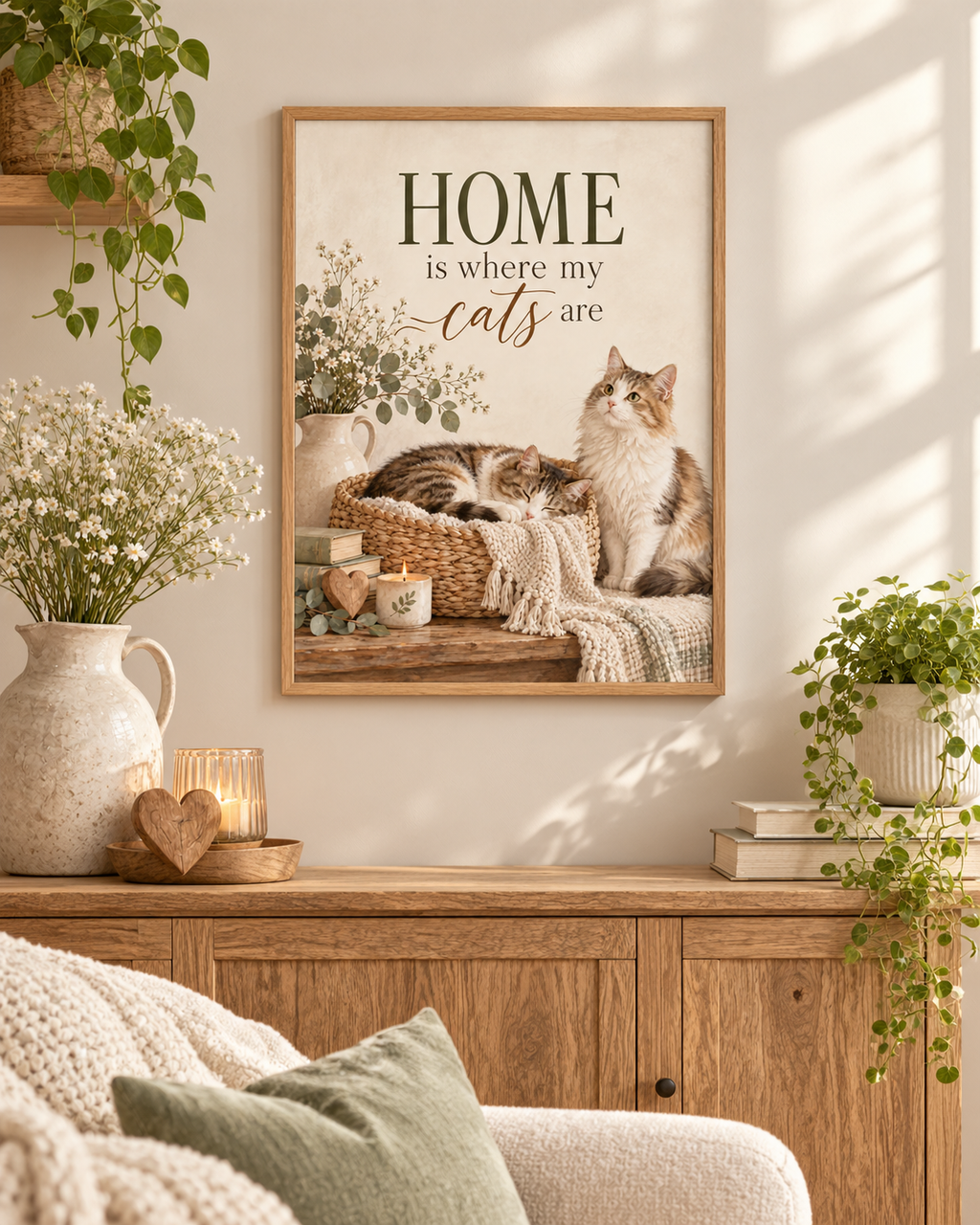 Home is where my cats are artwork with a cat sleeping in a woven basket and another sitting beside it, flowers, books, candle and knitted blankets styled in a sideboard