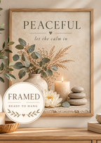 Peaceful let the calm in botanical artwork with eucalyptus, dried grasses, lotus flower, candle and stacked stones; framed and ready to hang badge
