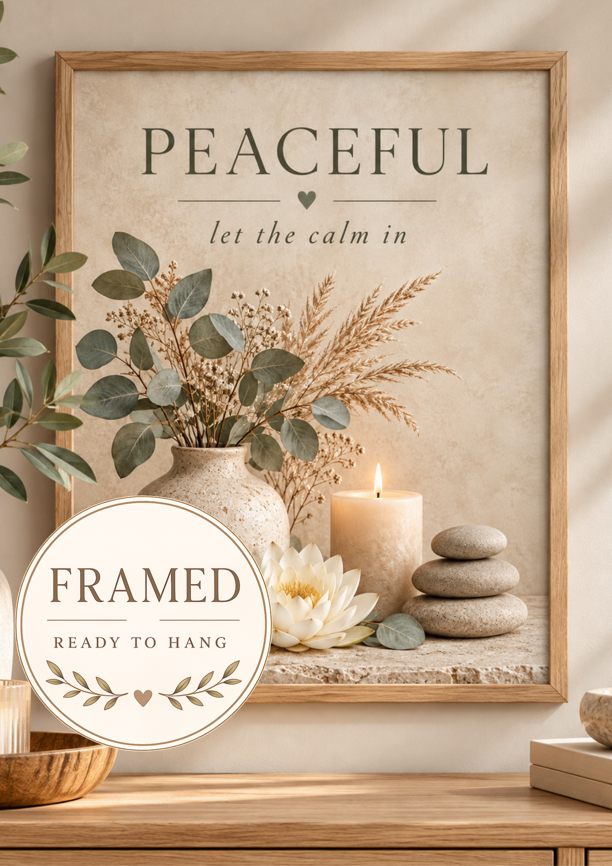 Peaceful let the calm in botanical artwork with eucalyptus, dried grasses, lotus flower, candle and stacked stones; framed and ready to hang badge
