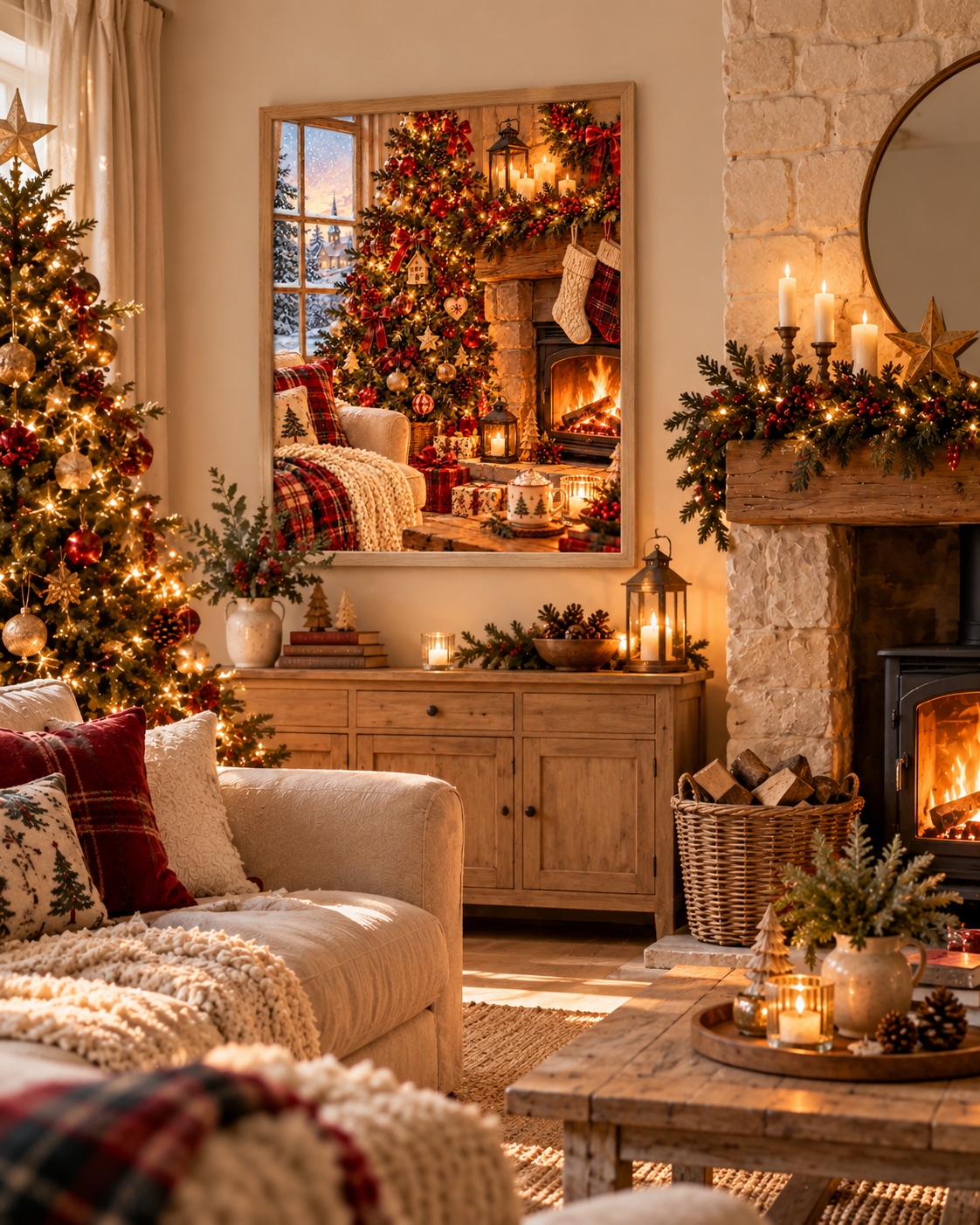 Cosy Christmas living room with a decorated tree, glowing fireplace, stockings and snowy cottage view styled in a dining area