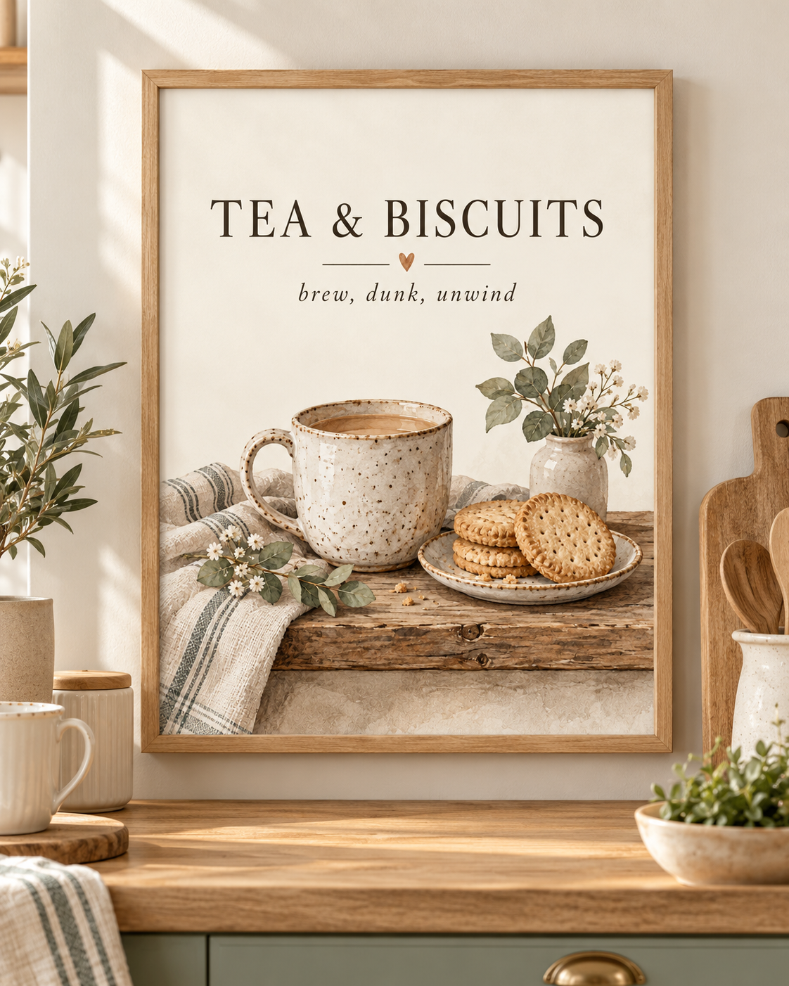 Tea and Biscuits quote, brew dunk unwind, with speckled ceramic mug, biscuits, sage foliage and cream background; print only, frame not included