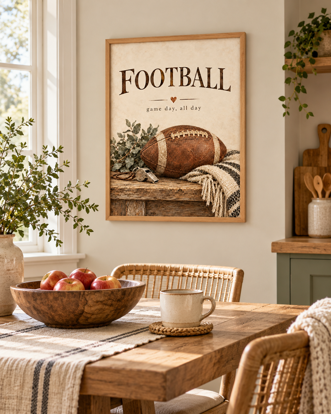 Vintage American football with game day all day wording, greenery and knitted textures styled in a dining area