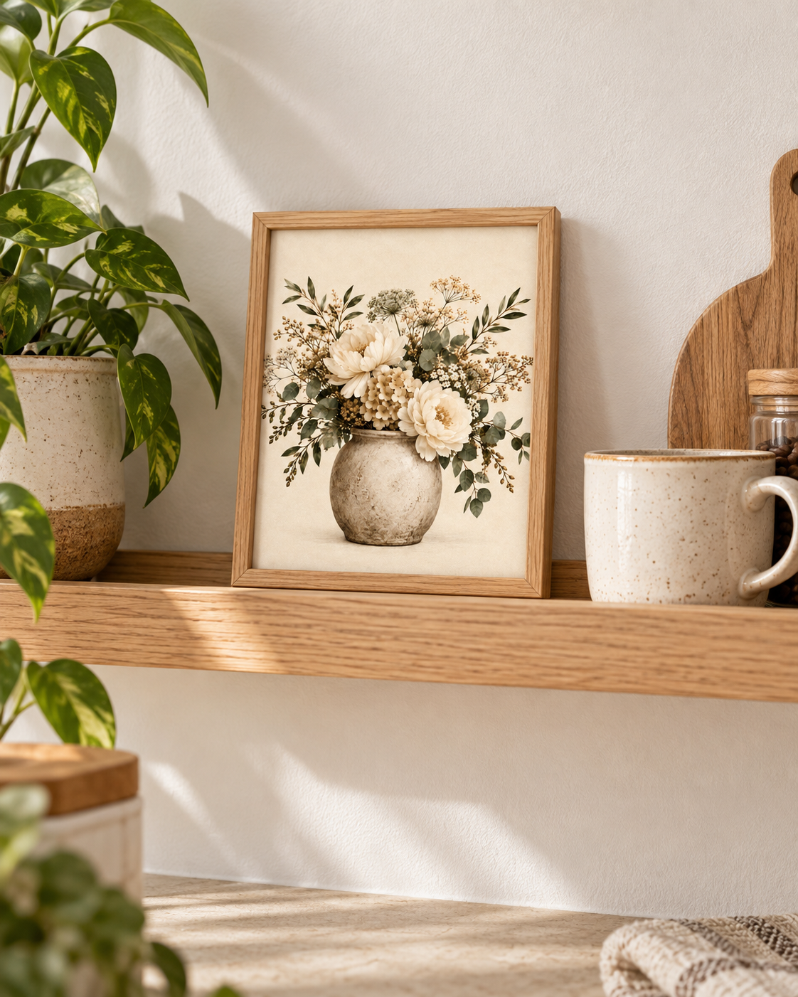 Cream floral bouquet artwork styled on a wooden shelf beside plants and a mug
