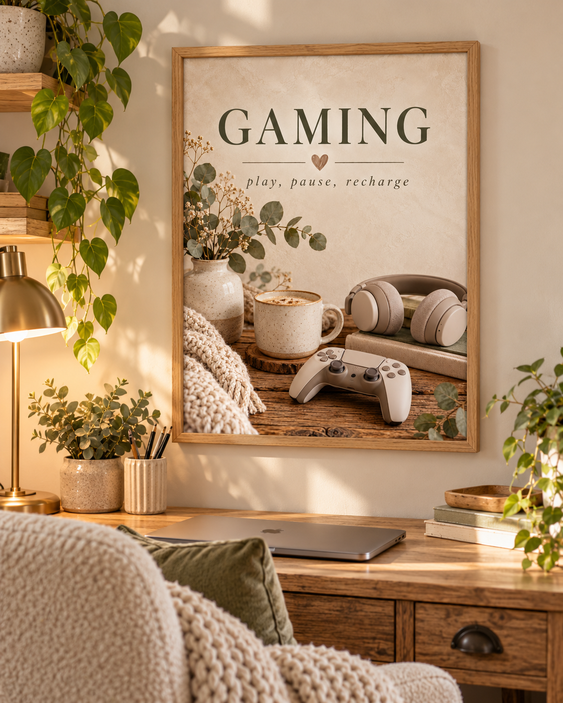 Gaming room artwork with Play Pause Recharge quote, controller, headphones, coffee and foliage in a styled home display