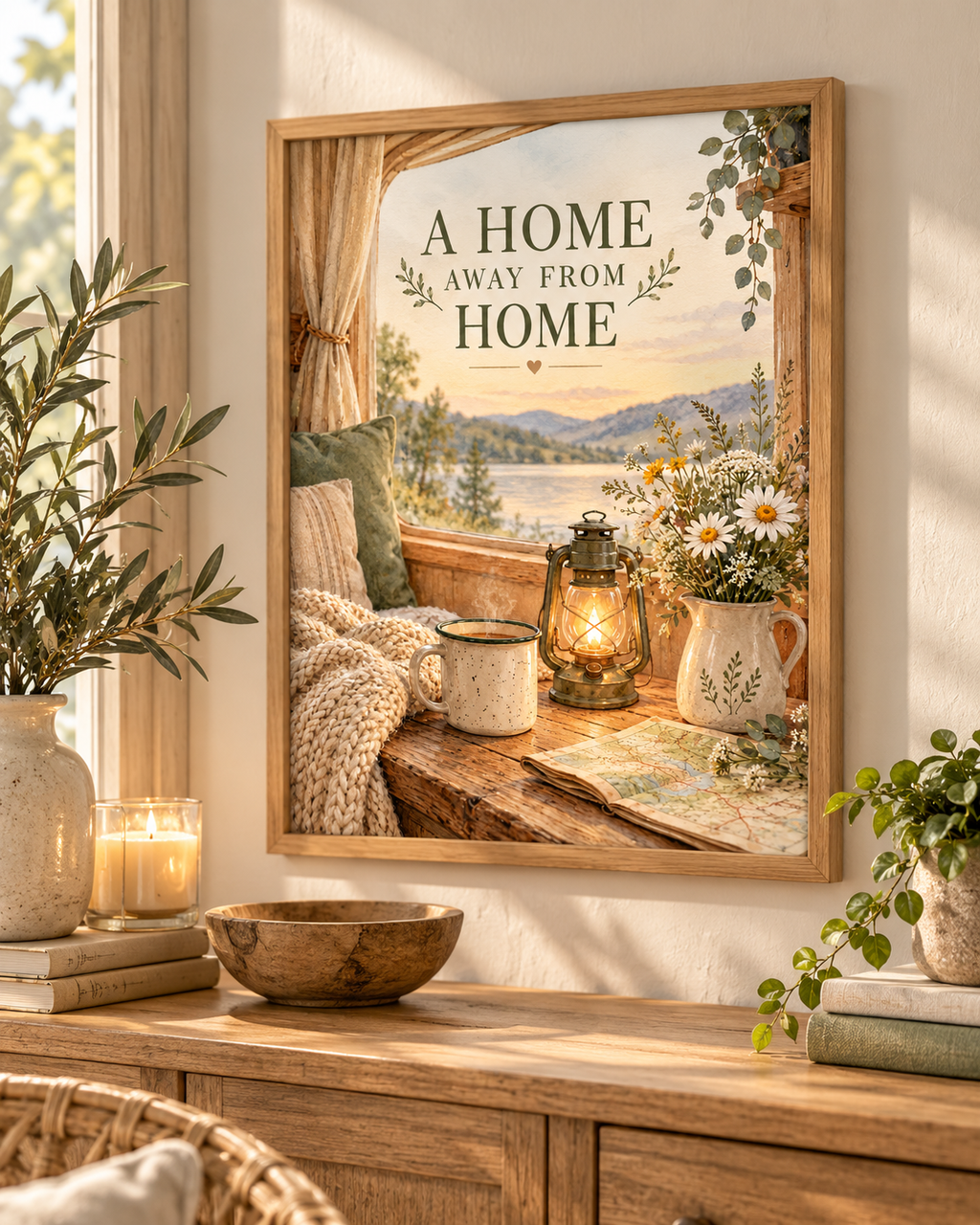 A Home Away From Home quote with lakeside view, lantern, mug, map, wildflowers and cosy blanket styled in a console display