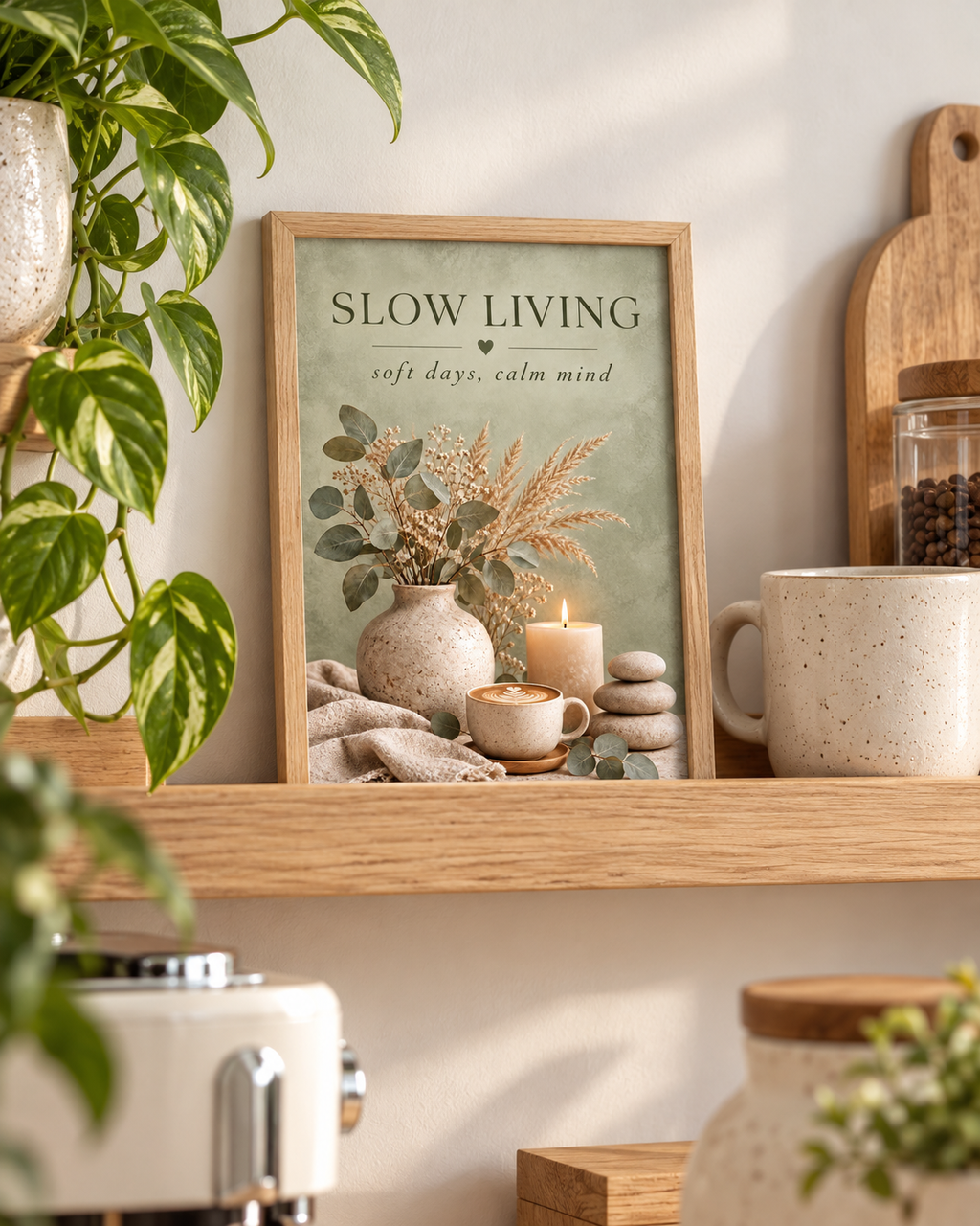 Slow Living artwork with sage green foliage, dried grasses, a coffee cup, candle, ceramic vase and pebbles styled in a kitchen shelf