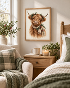 Christmas Highland cow watercolour with tartan scarf, evergreen sprigs and red berries styled in a bedroom