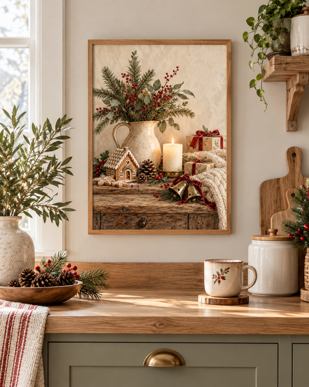 Rustic Christmas artwork with a gingerbread house, winter greenery, candle and wrapped gifts above a sideboard