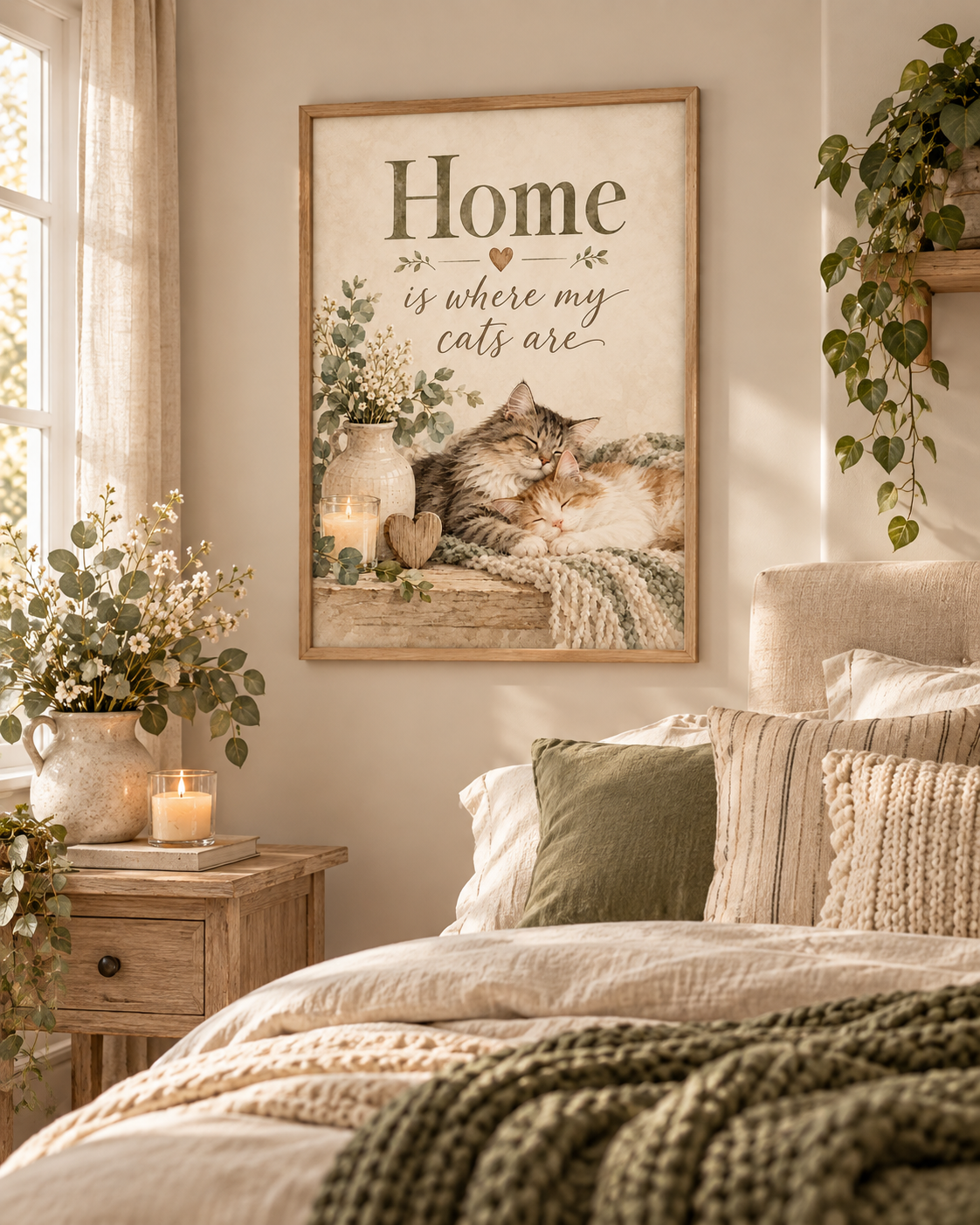 Home is where my cats are artwork with two sleeping cats, white flowers, sage foliage, candle, wooden heart and knitted blanket styled in a bedroom