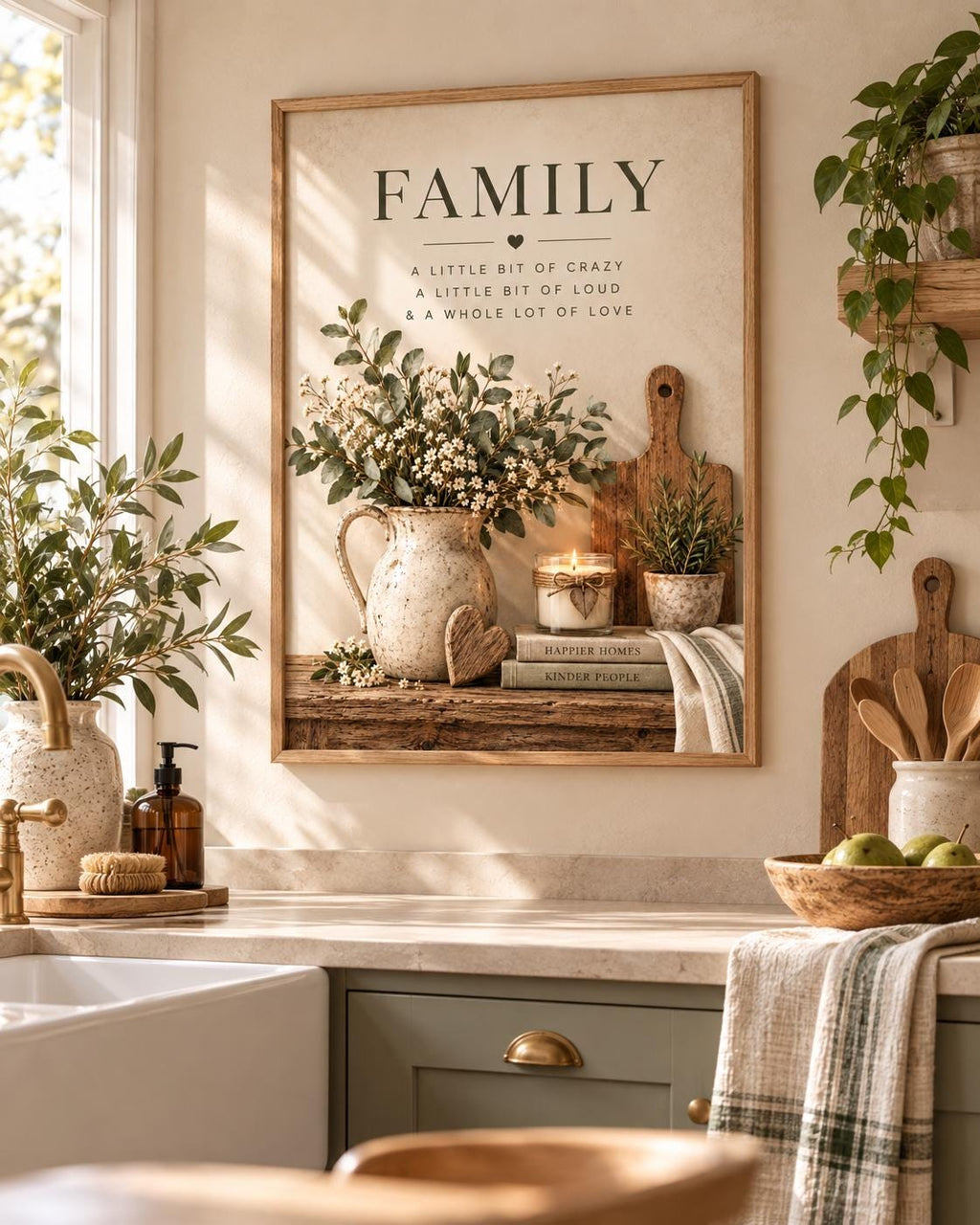 Framed family quote print in a warm farmhouse interior