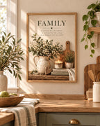 Framed family quote print in a warm farmhouse interior