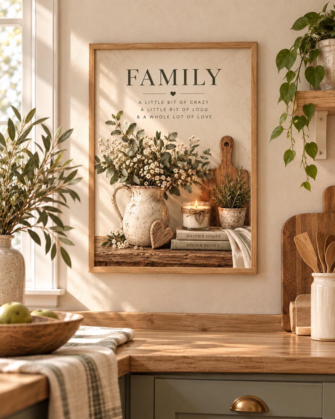 Framed family quote print in a warm farmhouse interior