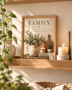 Framed family quote print in a warm farmhouse interior