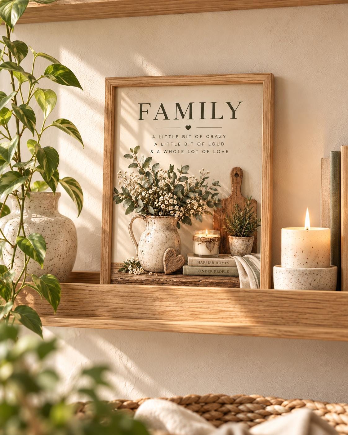 Framed family quote print in a warm farmhouse interior