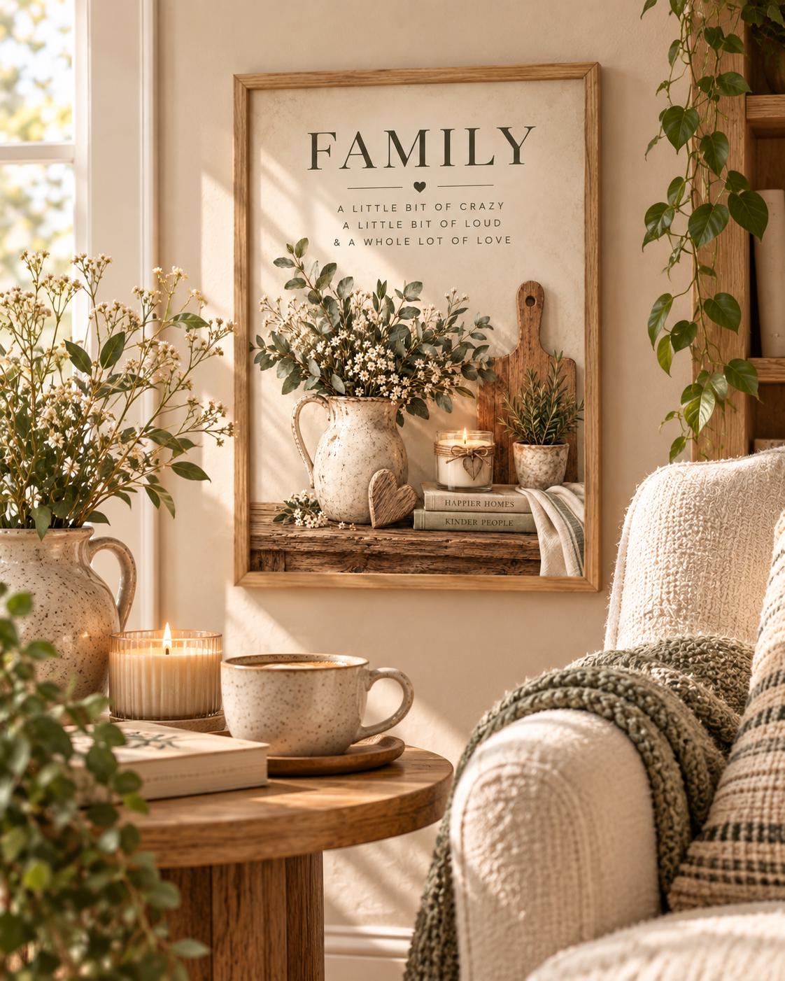 Family quote art print in a warm farmhouse interior