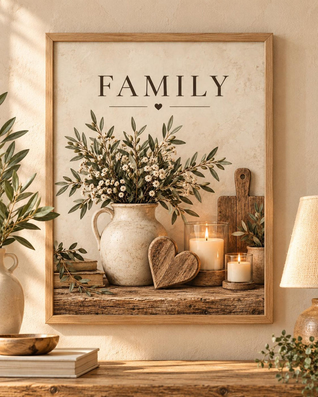 Family wall art print, rustic botanical farmhouse design