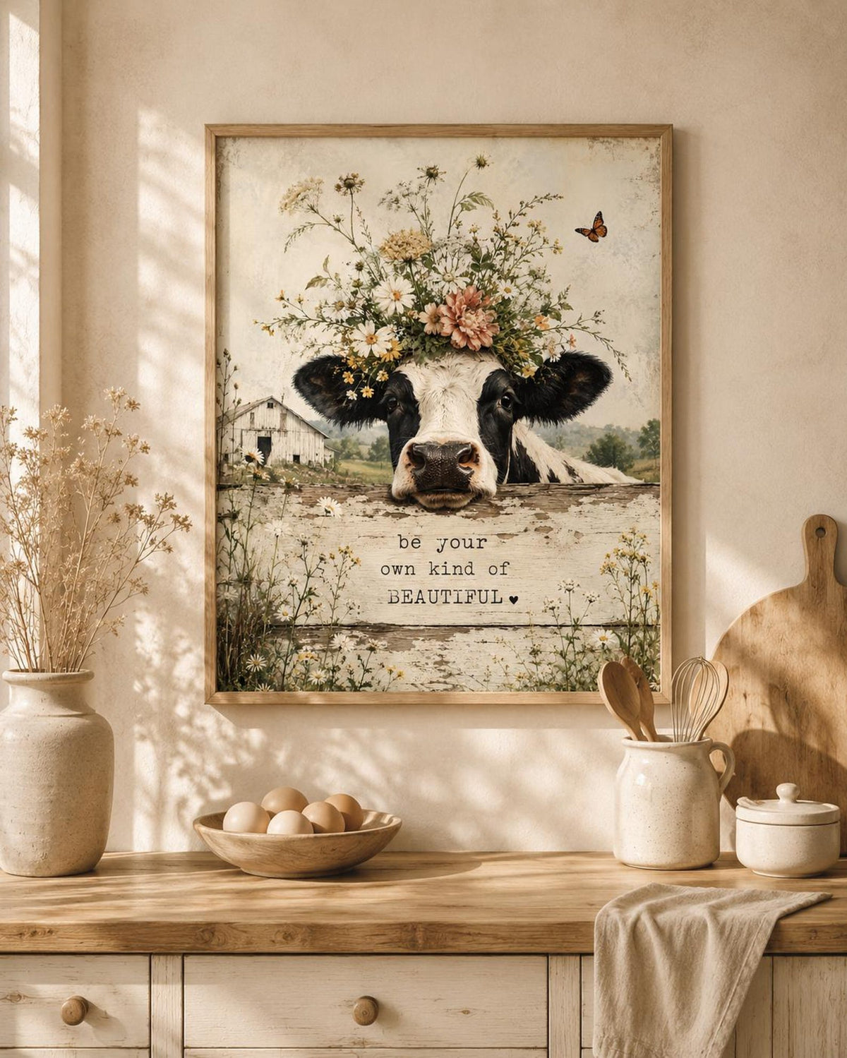 Floral cow wall art neutral living room mockup