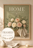 Home is my favourite place to be artwork with blush and ivory roses in a woven basket; framed and ready to hang badge
