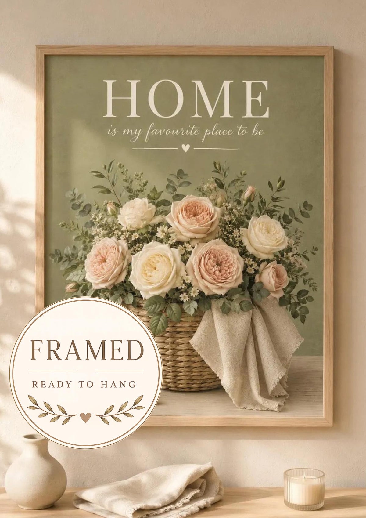 Home is my favourite place to be artwork with blush and ivory roses in a woven basket; framed and ready to hang badge
