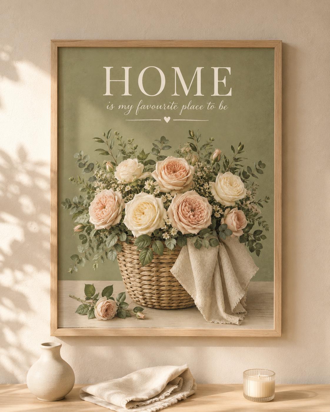 Home is my favourite place to be artwork with blush and ivory roses in a woven basket; print only, frame not included