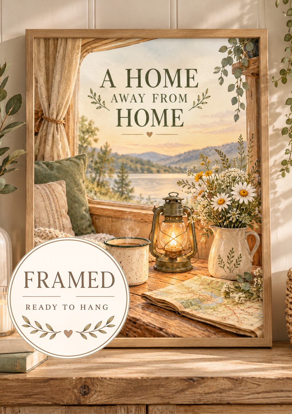 A Home Away From Home quote with lakeside view, lantern, mug, map, wildflowers and cosy blanket; framed and ready to hang badge