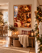 Cosy Christmas living room with a decorated tree, glowing fireplace, stockings and snowy cottage view styled in a reading corner