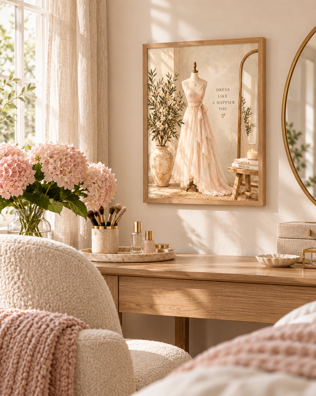 Blush dress on a mannequin with Dress like a happier you quote and soft neutral dressing room styling in a styled home display