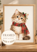 Fluffy Christmas tabby kitten wearing a tartan scarf and holly; framed and ready to hang badge