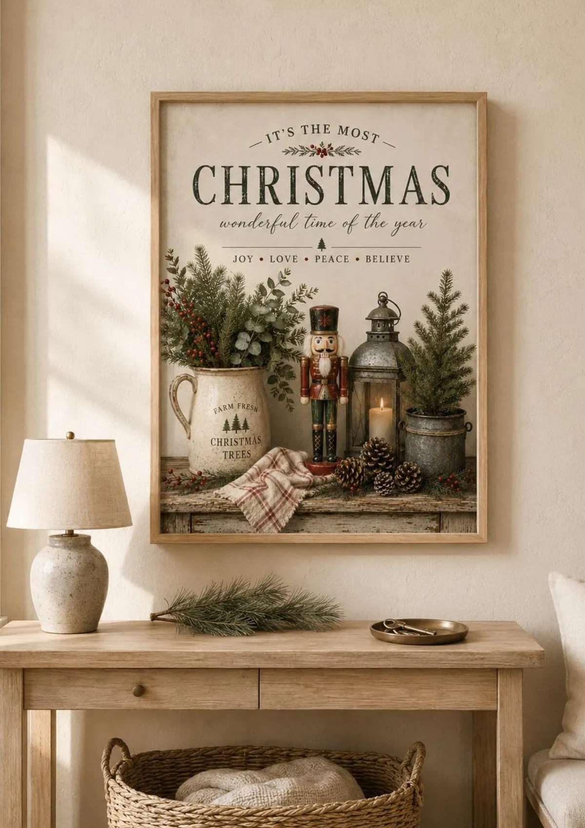 Rustic Christmas nutcracker, evergreen foliage, red berries and candlelit lantern beneath vintage Christmas typography styled in a hallway