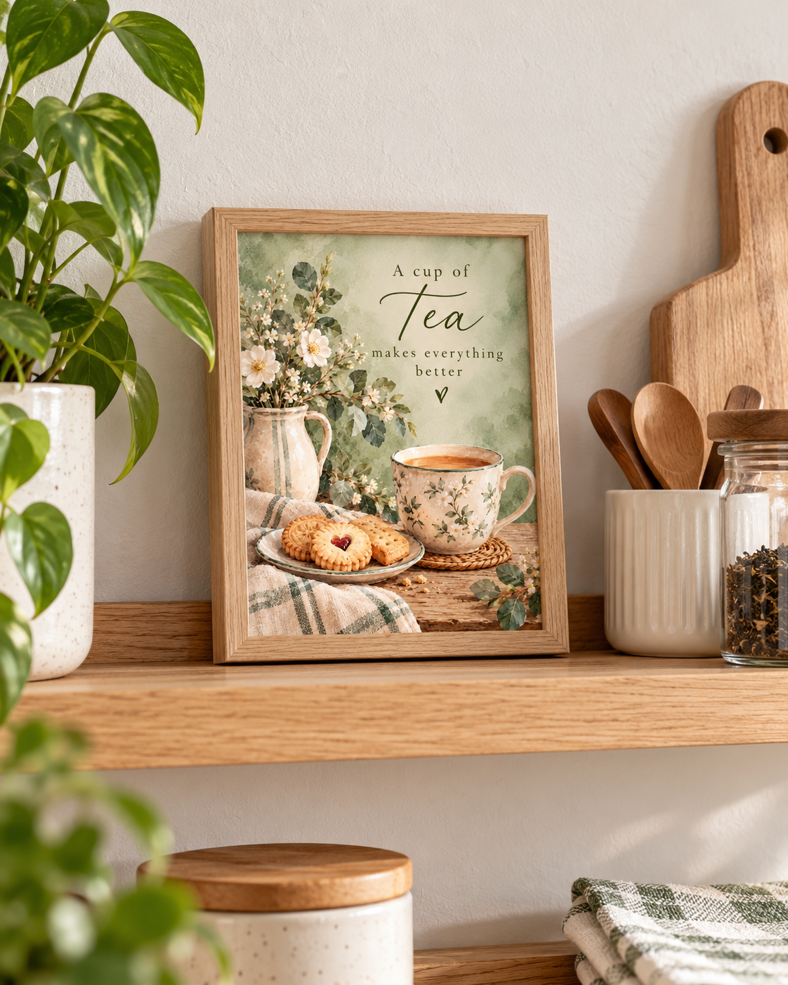 A cup of tea makes everything better quote with floral teacup, biscuits, daisies, ceramic jug and sage green background styled in a shelf display