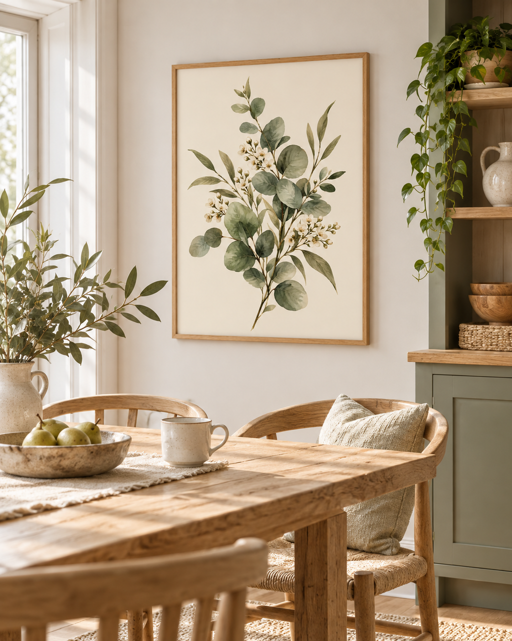 Sage green eucalyptus and delicate white blossom botanical watercolour against a warm cream background styled in a dining space