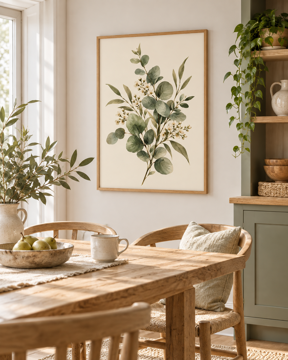 Sage green eucalyptus and delicate white blossom botanical watercolour against a warm cream background styled in a dining space