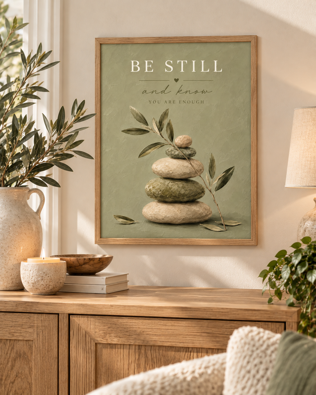 Be Still and Know You Are Enough quote with sage-green balancing stones and delicate olive branches styled in a sideboard display