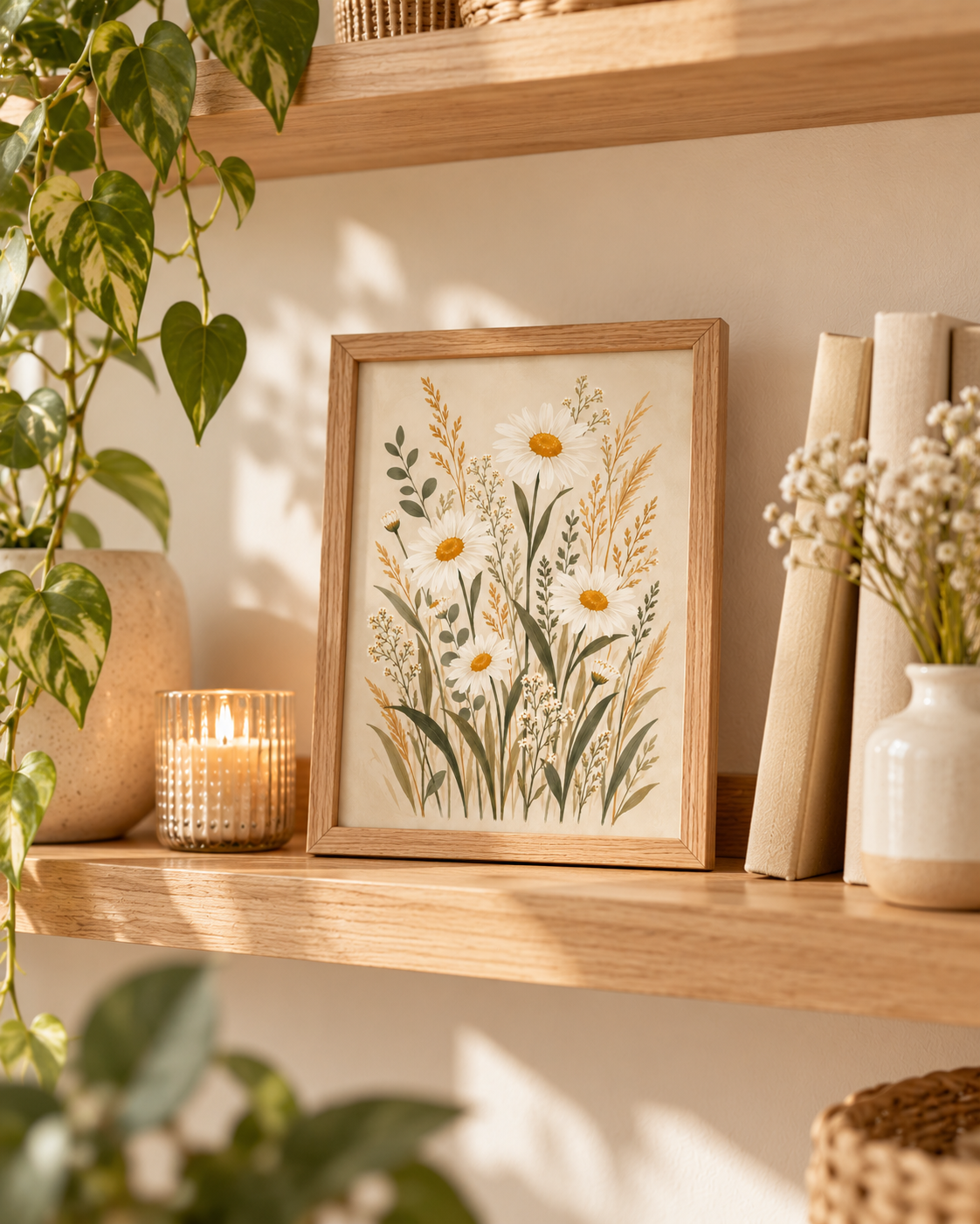 Cream daisy wildflowers with sage green foliage styled in a shelf display