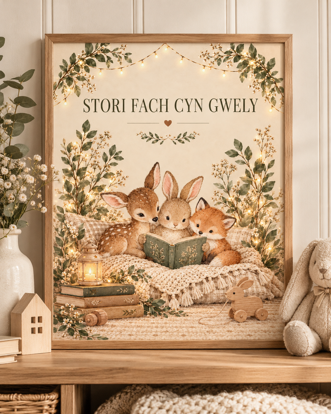Stori Fach Cyn Gwely Welsh bedtime story with fawn, rabbit and fox reading a book among soft woodland foliage; print only, frame not included